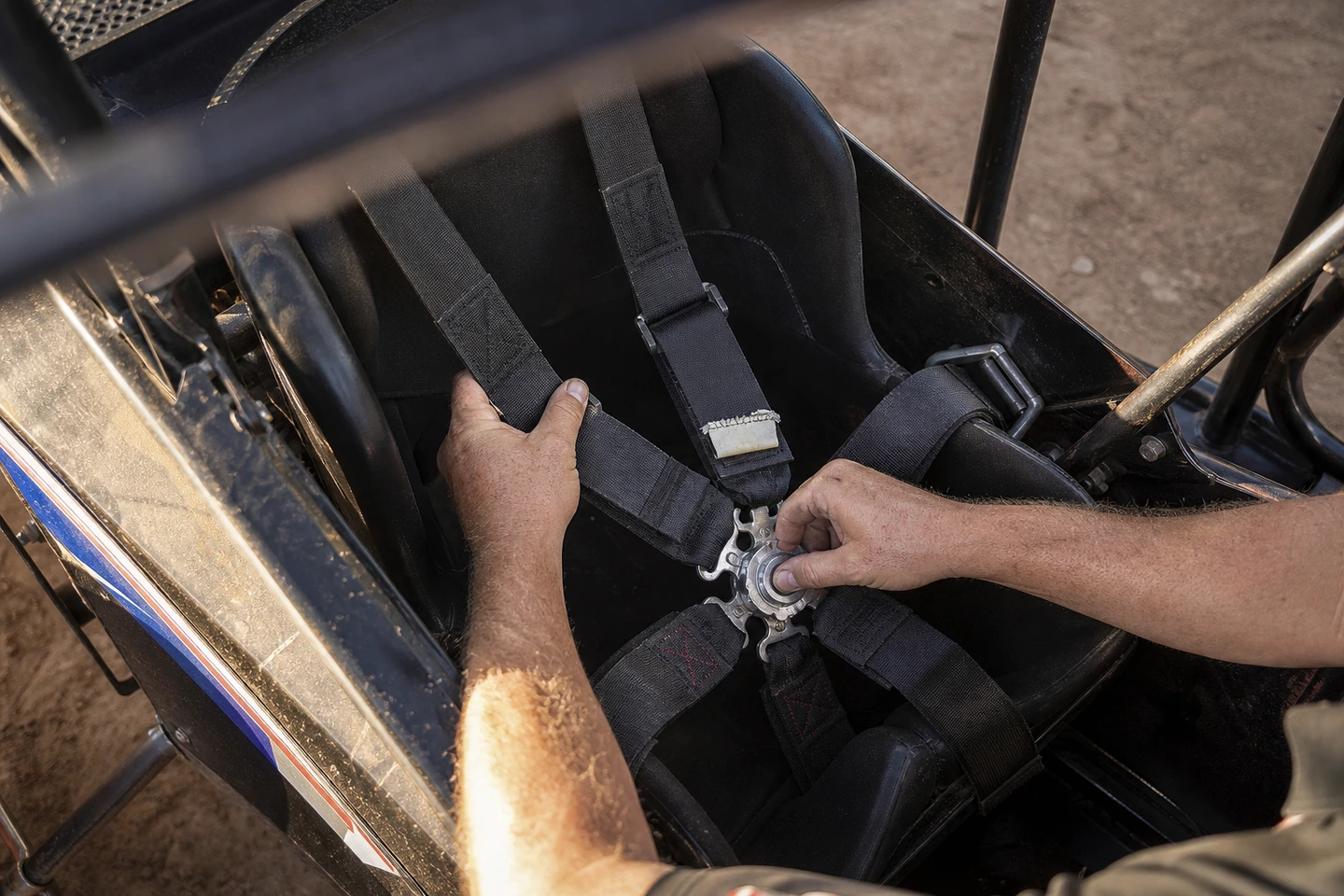 Sprint car crew member checks harness webbing and the central latch in an empty cockpit before push-off