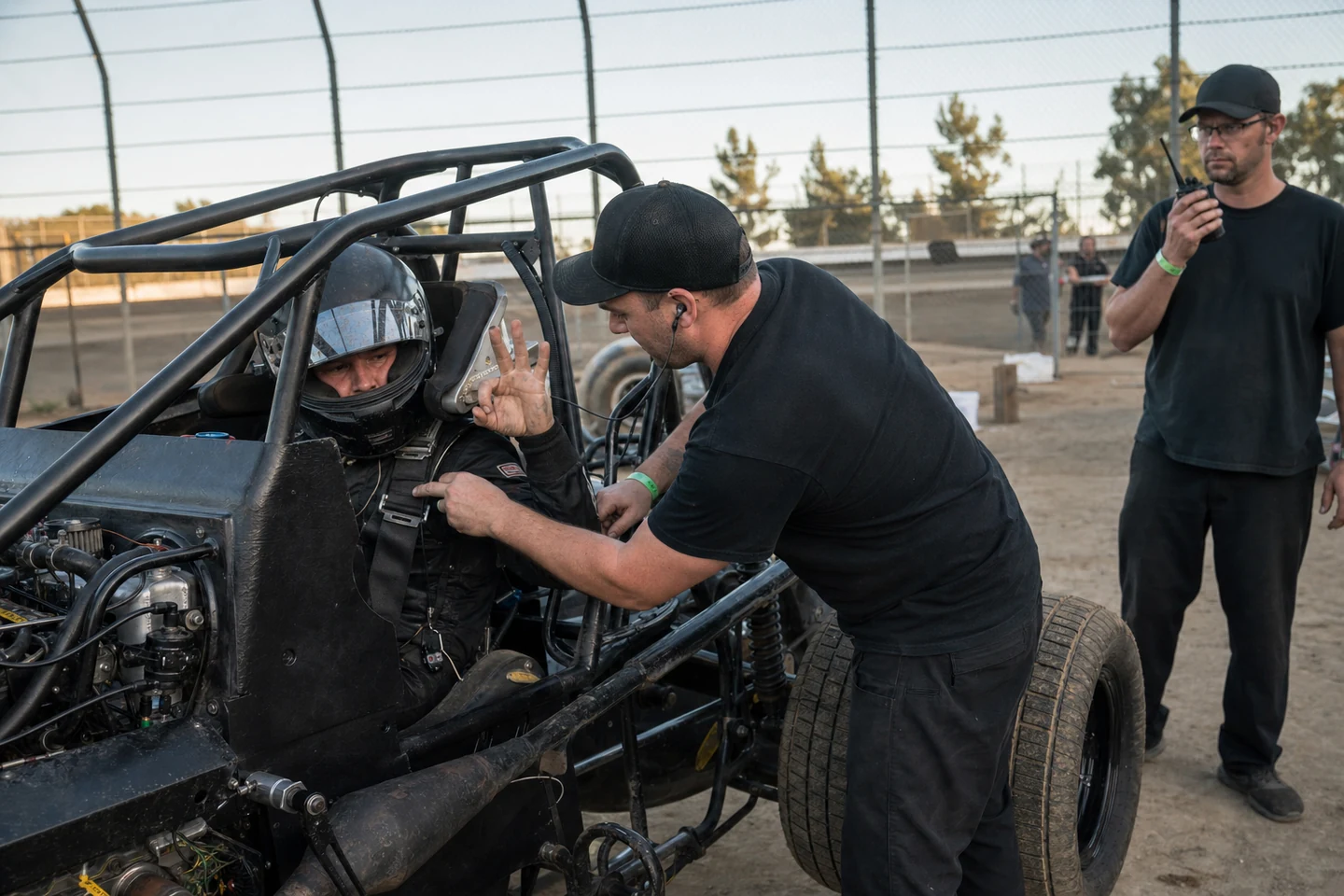 Sprint car driver and crew checking a one-way race receiver and earpiece before staging