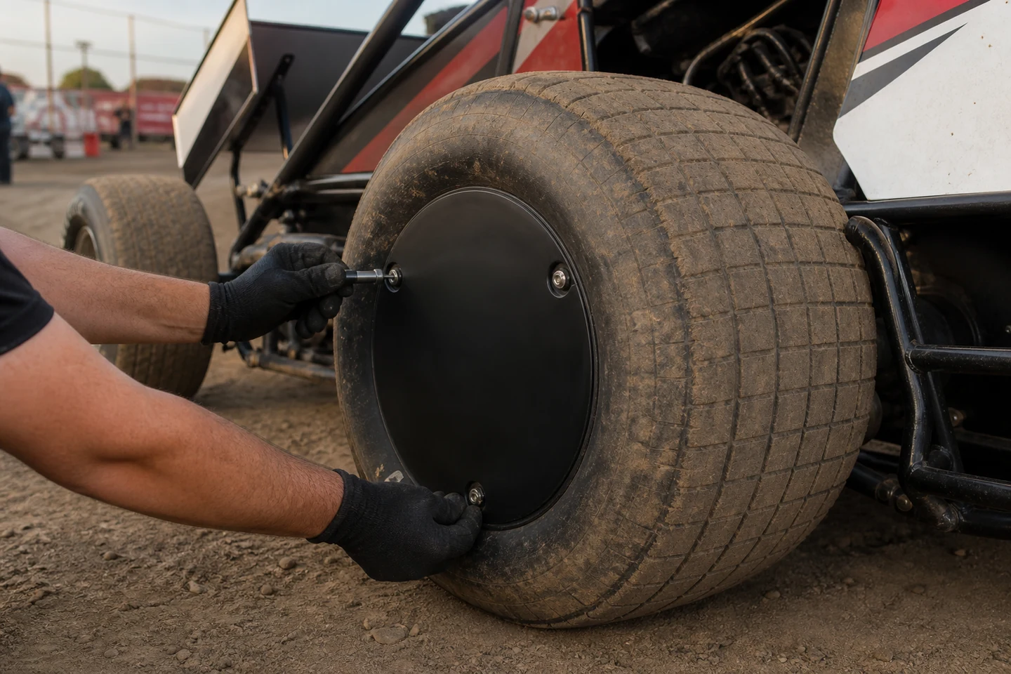 Sprint car mechanic checking three right rear wheel-cover bolts before staging