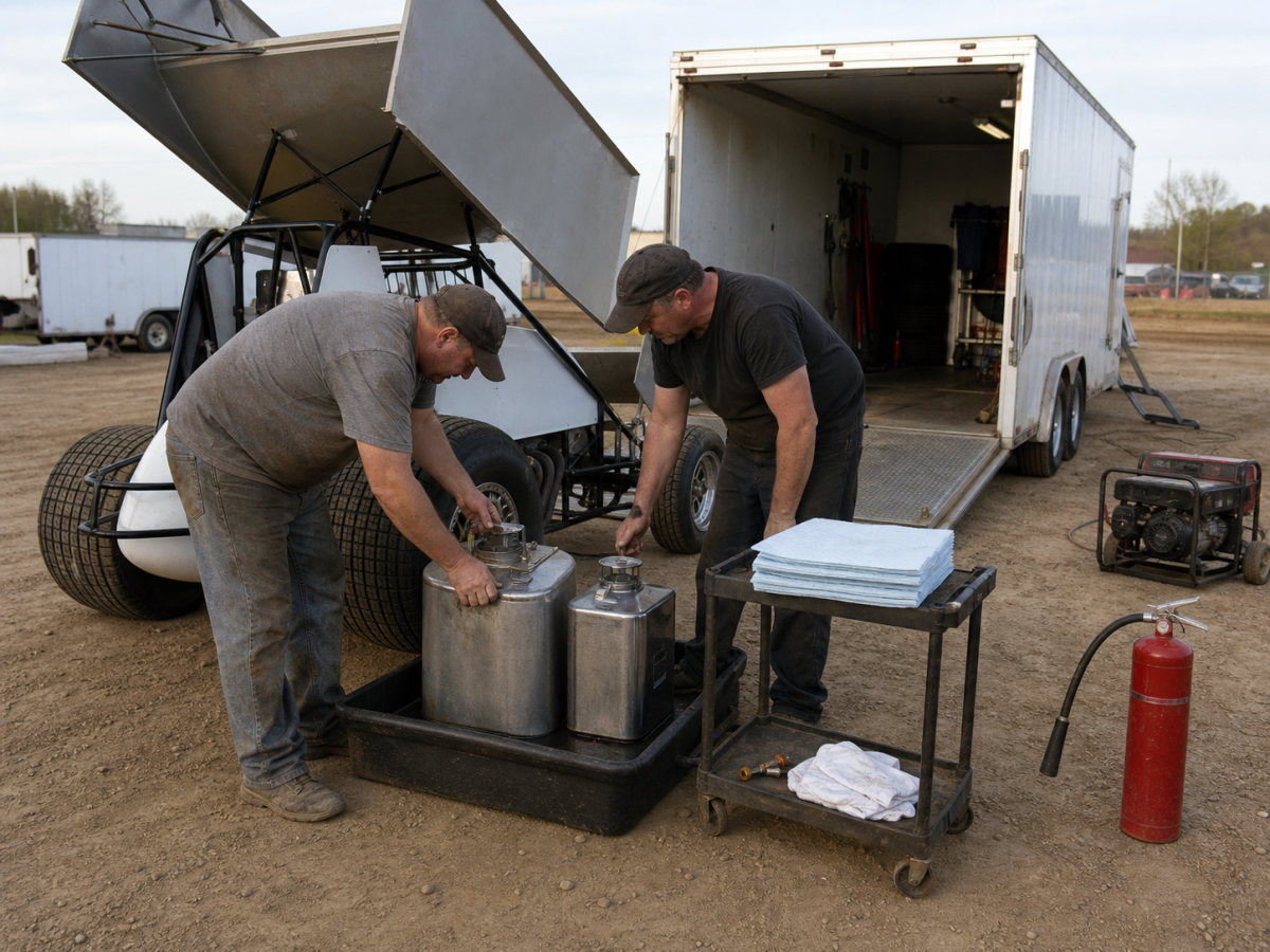 Sprint car crew checking sealed fuel containers, spill materials and an accessible fire extinguisher in the pit
