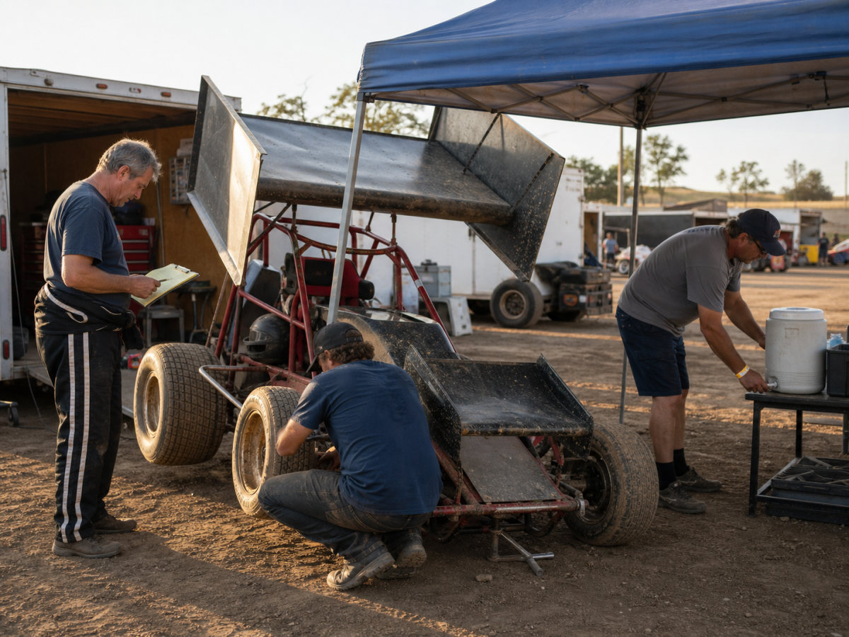 Sprint car crew using a checklist and water station under shade in a dirt-track pit