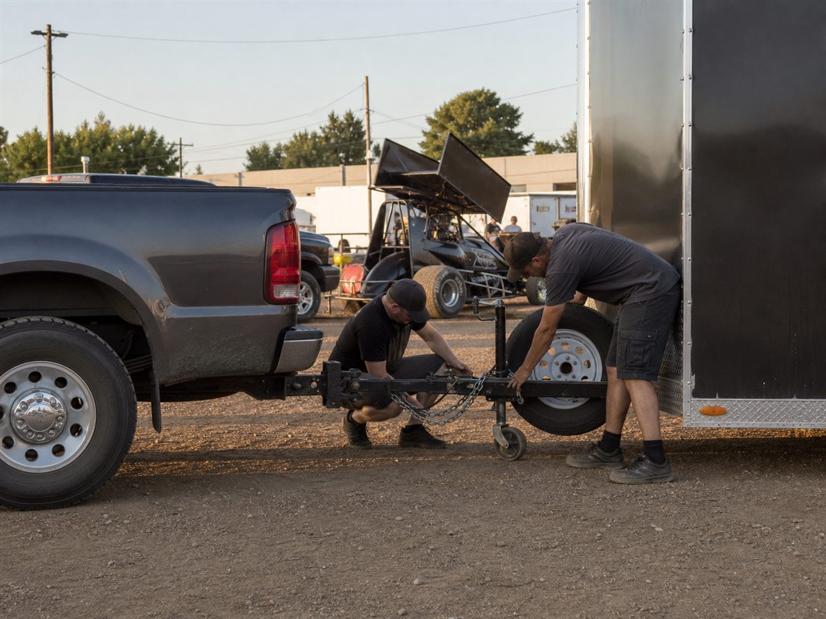 Sprint car crew checking the tow-rig hitch, safety chains and trailer tire before departure